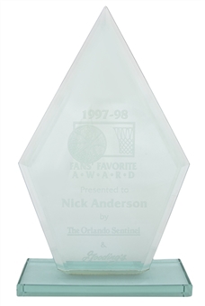 1997-98 Nick Anderson Fans Favorite Crystal Award Presented by The Orlando Sentinel and Goodings